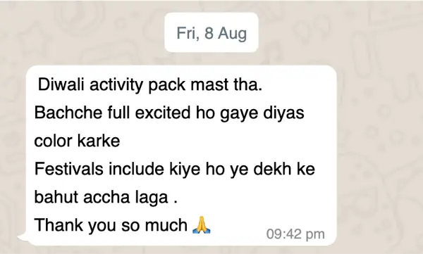 WhatsApp message from a Piggy Panda parent sharing their experience