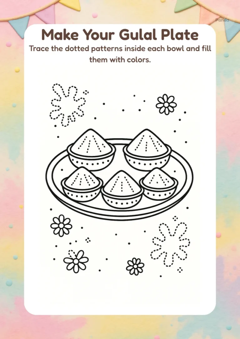 Holi gulal plate tracing and coloring worksheet for preschool children