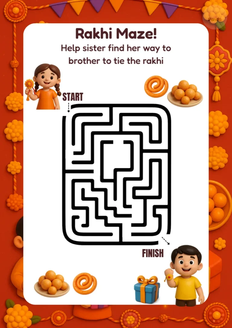 Rakhi maze activity worksheet for kids – printable Raksha Bandhan learning activity