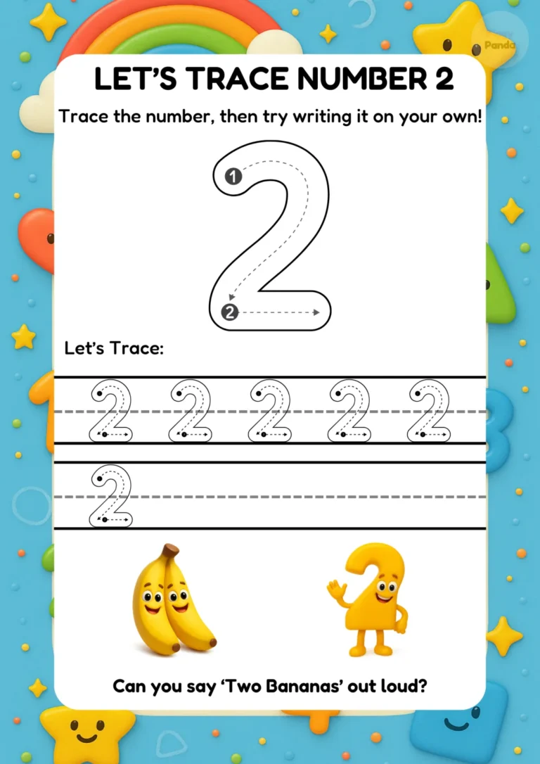 Number tracing worksheet for learning number 2 with guided practice