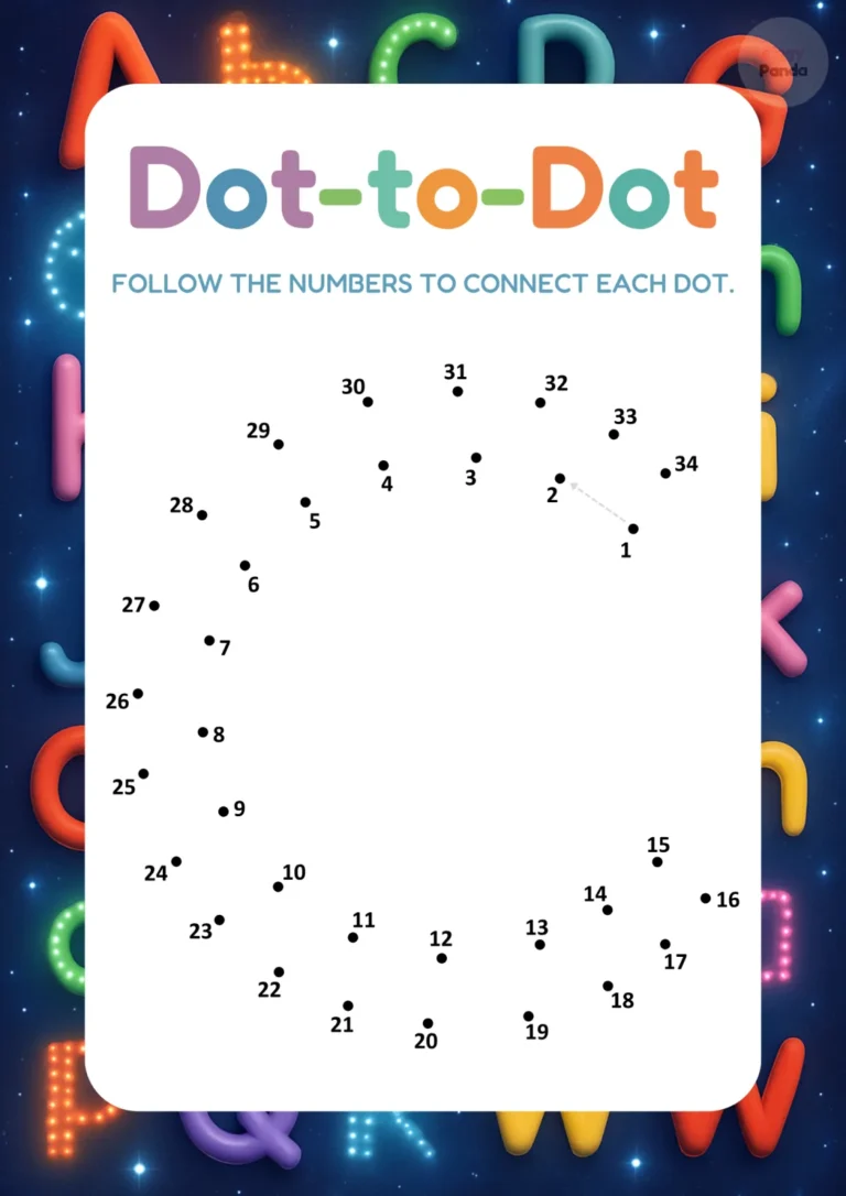 Dot to dot alphabet worksheet for number and letter recognition for preschool kids by Piggy Panda